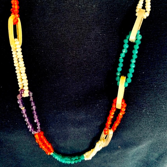 Green purple orange color semi-precious stones & pearls necklace metal bar rings - Picture 2 of 10